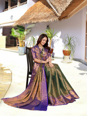 jayant creation Woven Banarasi Silk Blend, Jacquard Saree(Dark Green)