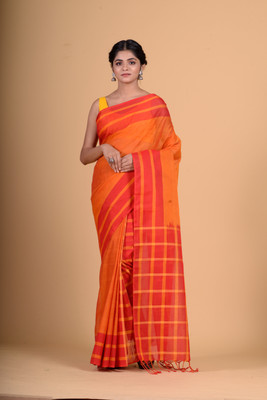 charukriti Embellished Handloom Cotton Blend Saree(Orange)