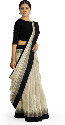 handloom paridhaan Dyed, Woven, Temple Border, Hand Painted Handloom Pure Cotton Saree(Beige, Black)