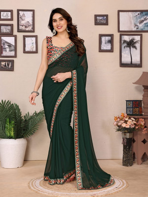D j enterprise Solid/Plain Bollywood Georgette Saree(Green)