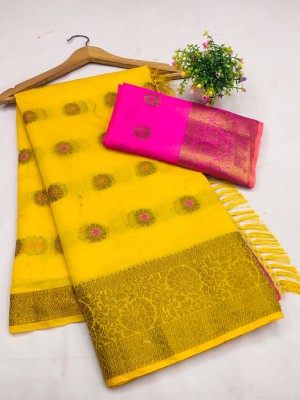 VRIYUDI Printed Kanjivaram Pure Cotton, Cotton Silk Saree(Yellow)
