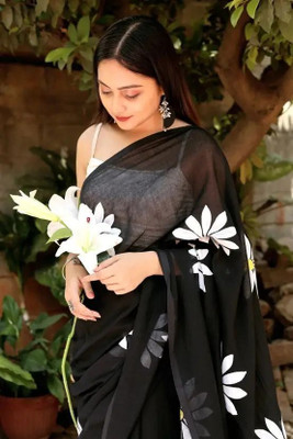 Soor Panchi Floral Print Handloom Cotton Linen Saree(Black)