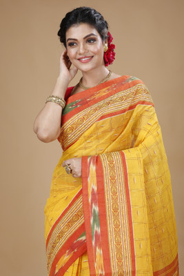 Bong ButiQ Self Design Tant Handloom Pure Cotton Saree(Yellow)