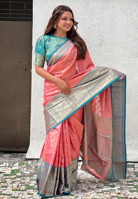 all about you Woven Banarasi Silk Blend Saree(Orange, Blue)