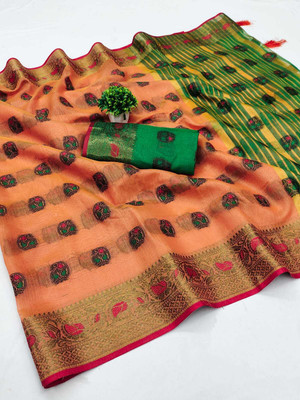 VAKHARIYAFAB Woven Banarasi Cotton Silk, Pure Cotton Saree(Orange)