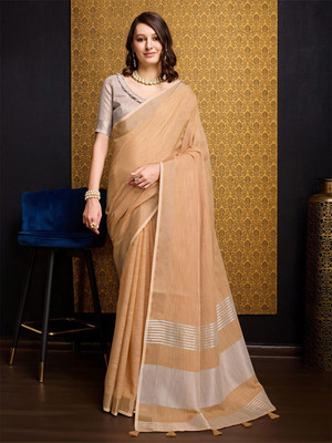 ANOUK Solid/Plain Chanderi Linen Saree(Orange)