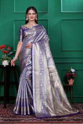 FABFIZA Woven Banarasi Jacquard, Cotton Blend Saree(Blue, Gold)