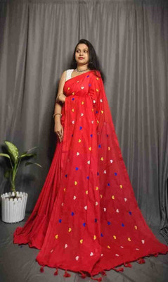 pal saree mahal Embroidered Handloom Cotton Blend Saree(Red)
