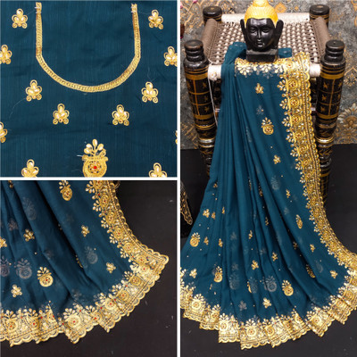 KHRITI FAB Embroidered Bollywood Georgette Saree(Dark Green)