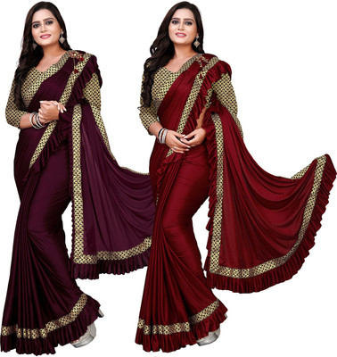 DECOFIN Woven, Solid/Plain Bollywood Lycra Blend Saree(Pack of 2, Magenta, Red)