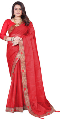 GAVUBAA Temple Border, Solid/Plain Bollywood Net Saree(Red)