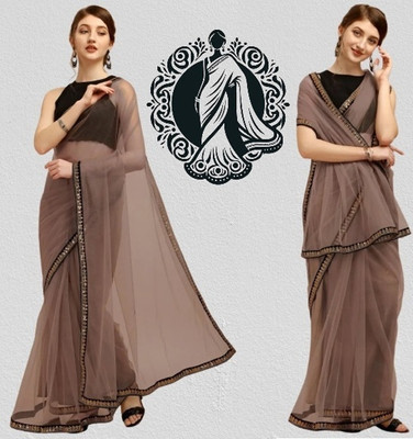 RE Renny Enterprise Self Design Bollywood Net Saree(Beige)