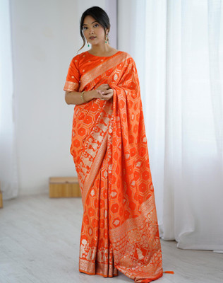 Tasrika Woven Banarasi Jacquard, Pure Silk Saree(Orange, Gold)