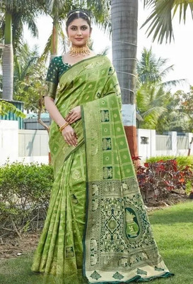 SNH EXPORT Checkered Banarasi Silk Blend Saree(Light Green)