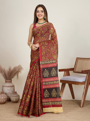Jevi Prints Printed Kalamkari Pure Cotton Saree(Multicolor)