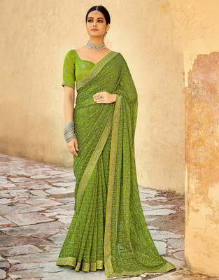 Satrani Printed, Embroidered, Embellished Bandhani Chiffon, Georgette Saree(Green, White)