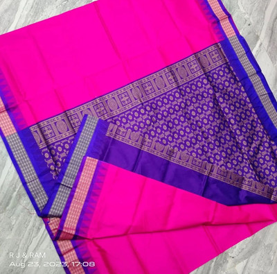 Sijileen Temple Border, Solid/Plain Sambalpuri Silk Blend Saree(Pink)