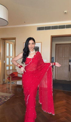 Aditi Digital Print Saree with Attached Blouse Jute Silk Saree(Red)