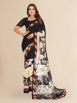 Moda Rapido Floral Print Daily Wear Georgette Saree(Black)