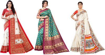 YASHIKA Woven, Printed Kalamkari Art Silk Saree(Pack of 3, Red, Blue, Cream)
