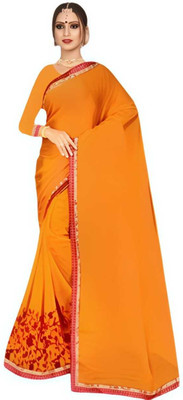 MKFASHION Solid/Plain Saree with Attached Blouse Chiffon Saree(Yellow, Multicolor)