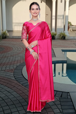 Zenophily Solid/Plain Bollywood Silk Blend Saree(Pink)