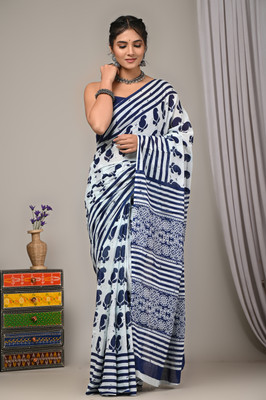 Crafts Moda Printed Handloom Pure Cotton Saree(Blue)