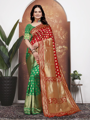 maayro Embellished Banarasi Silk Blend Saree(Red)