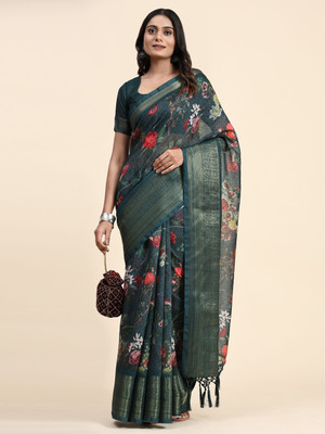 Rachna Floral Print Bollywood Viscose Rayon Saree(Green)