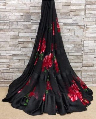 Bombey Velvat Fab Printed, Solid/Plain Bandhani Crepe, Chiffon Saree(Red, Black)