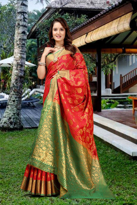 jayant creation Woven Banarasi Silk Blend, Jacquard Saree(Red)