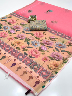 SDGRATITUDE Digital Print, Printed, Floral Print Daily Wear Cotton Linen, Linen Saree(Pink)