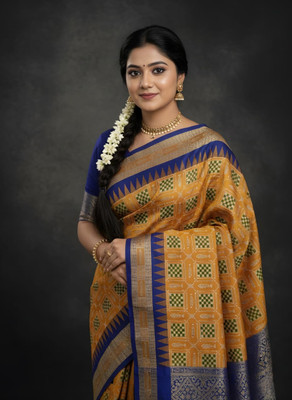 Sijileen Temple Border, Woven Sambalpuri Art Silk Saree(Mustard)