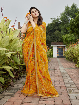 NIRMOHIFASHION Printed Bandhani Georgette Saree(Yellow, Red, Green)