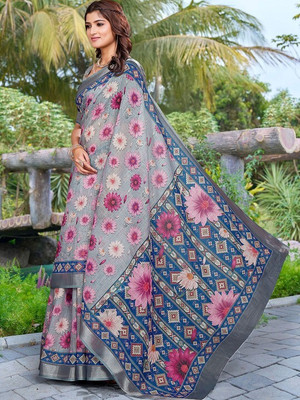 ANOUK Printed Daily Wear Linen Saree(Grey)