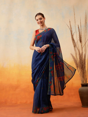 SILK ZONE Digital Print Pre Draped Saree Cotton Blend Saree(Dark Blue)