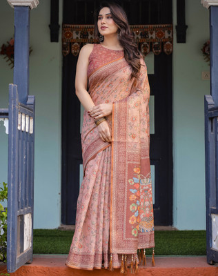 Tasrika Floral Print, Printed, Embellished Handloom Linen Saree(Pink)