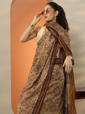 LIBAS Printed Daily Wear Silk Blend Saree(Brown)
