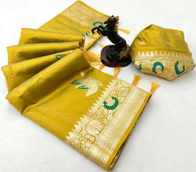 Sonal Woven, Embroidered, Floral Print, Self Design Bollywood Pure Silk Saree(Yellow)
