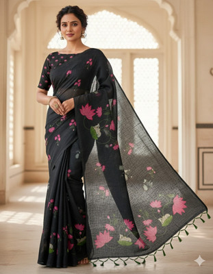 Vragi Floral Print Bollywood Linen Saree(Black)