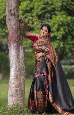 ShreejiCloth Self Design Mekhela Chador Silk Blend Saree(Black)