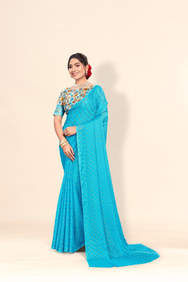 Sanskriti Synthetics Floral Print Handloom Chiffon Saree(Light Blue)