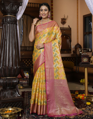 Samah Woven, Embellished, Self Design Kanjivaram Cotton Silk Saree(Yellow, Pink, Gold)
