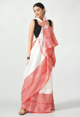 Sabita Self Design Handloom Handloom Cotton Blend Saree(White, Red)