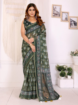BINAKA FASHION Floral Print, Blocked Printed, Printed Daily Wear Chanderi Saree(Dark Green)
