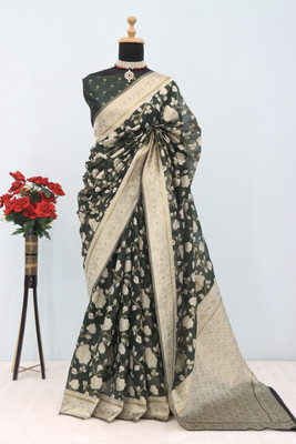 AAINA CREATION Woven Bollywood Tissue Saree(Dark Green)