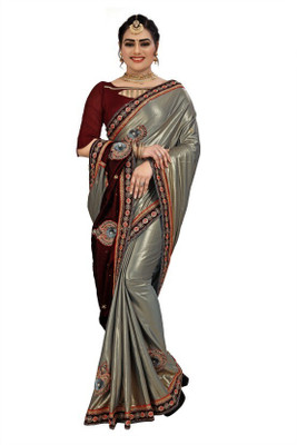 QUEDDY'S Embroidered Bollywood Lycra Blend Saree(Grey)