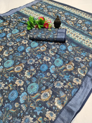 Gajal Printed Kanjivaram Pure Cotton, Cotton Linen Saree(Dark Blue)