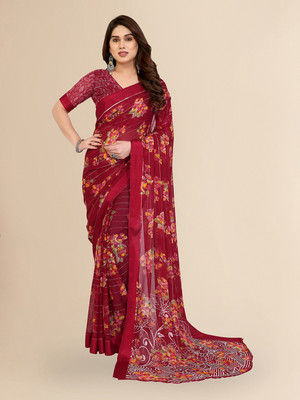 Moda Rapido Embellished, Floral Print Bollywood Georgette, Satin Saree(Red)