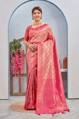 Heirlooms Woven, Self Design Banarasi Pure Silk Saree(Pink)